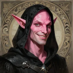 portrait of a male tiefling with pink skin wearing a black hood, smiling, D&D, fantasy, intricate, elegant, highly detailed, digital painting, artstation, concept art, smooth, sharp focus, illustration, art by artgerm and greg rutkowski and alphonse mucha