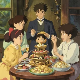 feast, in the style of studio ghibli, j. c. leyendecker, greg rutkowski, artgerm, trending on artstation