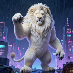 beautiful portrait commission of a giant albino male furry anthro lion overlord controlling a vaporwave city at night in the rain below him. Neon light. Atmospheric. Character design by charlie bowater, ross tran, artgerm, and makoto shinkai, detailed, inked, western comic book art, 2021 award winning painting