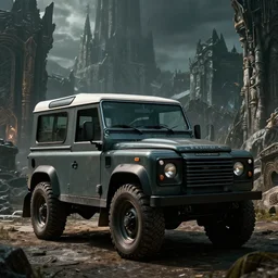 Land Rover Defender 110 (1985), an epic fantasy, dramatic lighting, cinematic, establishing shot, extremely high detail, photorealistic, cinematic lighting, artstation, by simon stalenhag, The Elder Scrolls V: Skyrim, The Reach, Markarth, Karthwasten, dwemer ruins