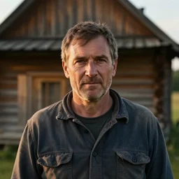 a cinematic headshot portrait of a farmer, stood outside a wooden cabin, ultra realistic, dramatic lighting