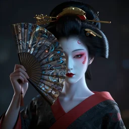 a hyper realistic stunningly cyborg tradition geisha, covering face with a intricate sci - fi fan, dark moody backlighting, ray tracing, octane render,