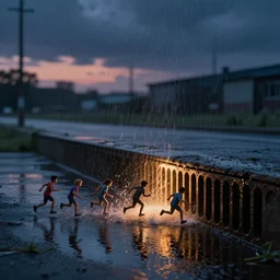 several very tiny people running into a storm drain, twilight, reflections on wet pavement