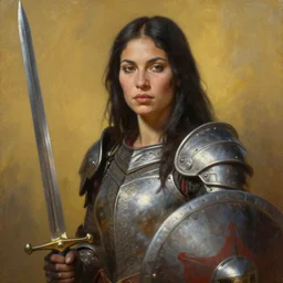 greg manchess oil matte portrait painting, maori female knight with beautiful face, sword and shield, wonderful masterpiece highly detailed, scifi, beautiful cinematic light deep focus, elegant, digital painting, smooth, sharp focus, golden ratio, dramatic illumination, ultra realistic, 4 k, art by greg rutkowski wlop rossdraws