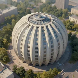 bird's eye view of a torus shaped building surrounded by trees. soviet brutalism. sharp focus, smooth, hd, detailed, digital painting trending on art station.