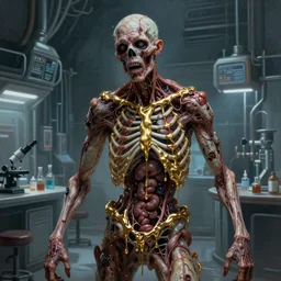 realistic painting of a sci-fi laboratory and a zombie with body made guts and veins dripping golden shiny metalic cascade fluid from ribcage