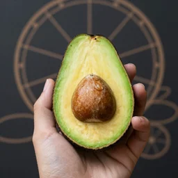 photo avocado in hand on neural background