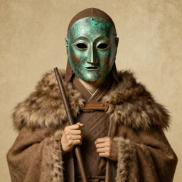 a monk in fur cloak with a bronze mask medieval art