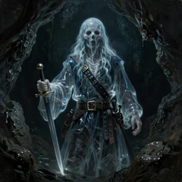 ultra realistic color portrait painting of a tranparent 1 7 th century pirate ghost with a sword in a grotto, dark, painted, brooding, atmospheric, seascape, horror, smooth, epic, highly detailed, cinematic, by larry elmore
