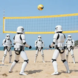 a group of imperial stormtroopers playing beach volleyball