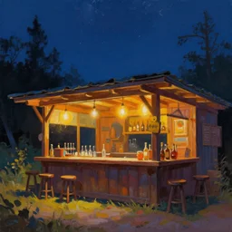 “celestial tavern. clear night sky. vibrantly lit. oil paint feel. hyperreal octane render”