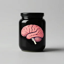 minimalistic logo of brain on black jar, advert, synthwave colours, in the style of spirited away, hyperrealism,