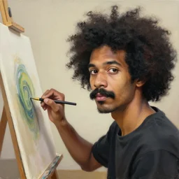 a photo of a man with a mustache and afro hair!!!! painting a painting of himself painting the painting of himself!!!!, 8 k 8 5 mm f 5. 6