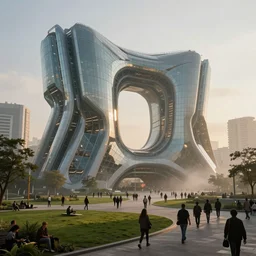 epic street view of a futuristic building made of glass and steel plates, technopunk parametric architecture, by zaha hadid, parks and green meadows, crowds of people, concept art, solarpunk, misty, dramatic lighting, golden hour, afternoon, cinematic, 8 k