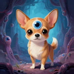a chihuahua with a third eye living in an extradimensional reality, in the style of goof troop, illustration, epic, fantasy, hyper detailed, smooth