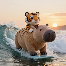 a closeup photorealistic photograph of a knitted tiger hippopotamus riding a large wave during sunset. surf in the background. professional capture. brightly lit scene. this 4 k hd image is trending on artstation, featured on behance, well - rendered, extra crisp, features intricate detail, epic composition and the style of unreal engine.