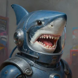 greg manchess oil matte portrait painting, shark knight shoved into his helmet, fantasy, masterpiece, highly detailed, scifi, deep focus, elegant, digital painting, street art, trending artstation, sharp focus, shading, dramatic illumination, ultra realistic, 4 k, art by greg rutkowski wlop rossdraws