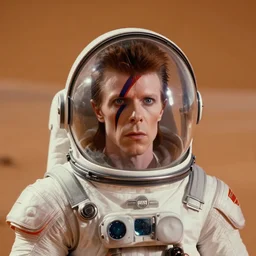 wide - shoto photo of pale david bowie!! wearing a space suit with transparent helmet, visible face, background mars surface, blurred, mystical, in the new watchmen movie,