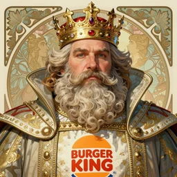 close up portrait of the burger king, heavyset middle aged king with big bushy beard, ornate noble robs with jeweled crown by artgerm, cushart krenz, greg rutkowski, mucha. art nouveau. gloomhaven, golden arches logo, pale colors, sharp edges. ultra clear detailed. 8 k. elegant, intricate, octane render