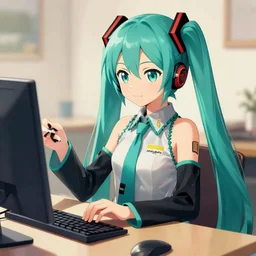 hatsune miku using computer, smug face, painting by by ralph grady james, jean christian biville