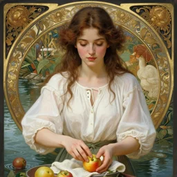 an beautiful woman wearing white blouse and cleaning fruits near a river, goddess, beautiful face, perfectly-centered-Portrait of a most beautiful woman it the world, intricate, highly detailed, digital painting, artstation, concept art, smooth, sharp focus, illustration, Unreal Engine 5, 8K, art by artgerm and greg rutkowski and alphonse mucha