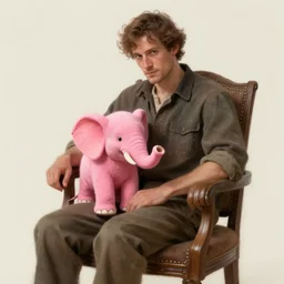 fantasy art of a man on a chair with his pink miniature elephant on his lap