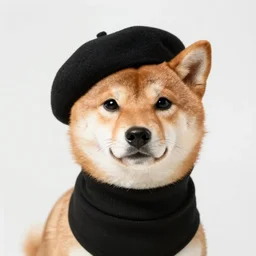 a shiba inu wearing a beret and black turtleneck