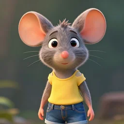 3 d render, portrait, headshot, closeup, anthropomorphic mouse, female, wearing denim short shorts and a off yellow tank top shirt, in the style of flushed away - n 8