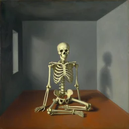 skeleton inside an opium den. by arnold bocklin, herbert james draper. oil on wood 1 9 0 0. intricate details. minimalist. ambient lighting. liminal space. vacant room. interior shrouded. shadows dancing in the background. vibrant colors. resounding detail. foggy air
