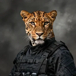 a panther as a human soldier in dark military gear, realistic