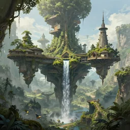 a beautiful concept art of floating buildings and infrastructure overgrown moss with waterfall, made of tree and fantasy valley, by alejandro burdisio and laurie greasley, alejandro burdisio art, tyler edlin fantasy art, trending on artstation