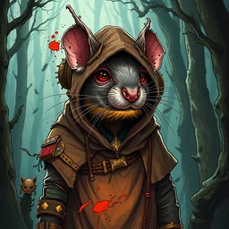 shamanistic anthropomorphic druid rat, wearing infested tattered hood, otherworldly forest, pixiv fanbox, dramatic lighting, maximalist splatter paint, pixar and disney exploded - view drawing, graphic novel by fiona staples and dustin nguyen, peter elson, alan bean, wangechi mutu, clean cel shaded vector art, trending on artstation