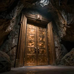 the underground cave has a huge door made of bronze, bronze material, dark and spectacular atmosphere ， super wide angle ， matte painting ， rtx on ， trending on cgsociety and artstation, unreal engine ， volumetric light ， surreal