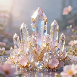 shimmering crystal city made of diamond and rose quartz with gold decoration, sparkling in the sunlight, surrounded by flowers. trending on artstation.