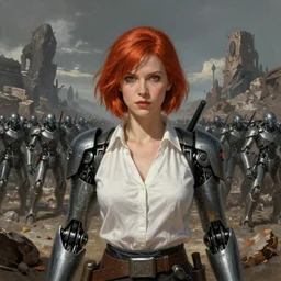 a portrait of an woman with red short hair wearing a whiteblouse and robot armor commanding an army on a dead world full of rocks, highly detailed, centered, digital painting, artstation, concept art, donato giancola, Joseph Christian Leyendecker, WLOP, Boris Vallejo, Breathtaking
