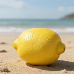 a lemon in shape of a human with legs of lemons and round body, arms of lemons, it's relaxing on a beach, volumetric light