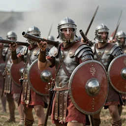 a legion of renaissance era roman soldiers, muskets drawn. with phalanx shields. fantasy. highly detailed. 8 k. photorealistic. trending on deviant art.