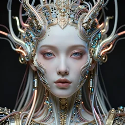 very beautiful woman integrating with technology, full face frontal centered, portrait, insipiring, detailed intricate symmetrical ornate neon cables connected to head, very detailed eyes, clear lips, luxurious detailed abundent wiring and implants, porcelain, renaissance, sci - fi, dramatic lighting, photography, highly detailed, artstation, 8 k, by moebius