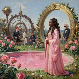 a masterpiece wide angle portrait of a voodoo priestess with dreadlocks wearing a pink robe near a steampunk stargate in a rose garden with a pink reflective pool, by Zdzislaw Beksinski and greg rutkowski and android jones and thomas kinkade in a surreal portrait style, oil on canvas, 8k, hd,