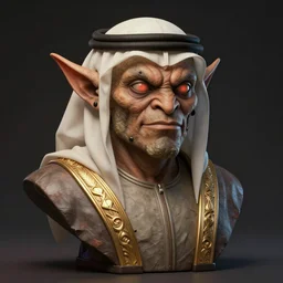 bust of sheikh mohammad ruler of dubai, drak fantasy goblin, head and torso only, cinematic lighting, studio quality, anime, studio ghibli, 4 k, master piece