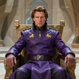 Establishing shot of Christopher Walken as Emperor Shaddam IV in Dune, with blue eye-sclera, wearing futuristic ornate purple regal leather uniform, with two golden-lion-emblems on uniform, sitting on a throne inside a futuristic cubist-Gaudi hall, trending on Artstation