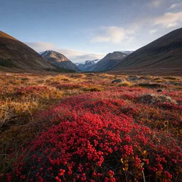yukon valley landscape in golden hour with red bearberry plants, high detail, high definition, 8k,