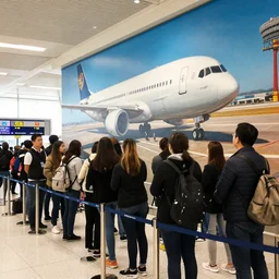 guys waiting in line for customs at jfk airport, they are looking at a mural, photorealistic, photograph 4 k