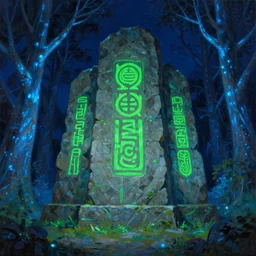 stone structure with bright green sigils surrounded by blue bioluminescent trees in a forest, at night, Ruan Jian, Ismail Inceoglu, Caspar David, digital 4K painting, bright