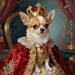 the royal king's chihuahua puppy by greg hildebrant lisa frank vaporwave fancy rococo baroque regal oil painting high quality award winning clothed in fancy garb