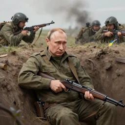 putin with firearms, fighting in trenches somewhere in ukraine, highly detailed digital painting