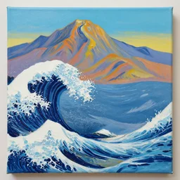 a painting of waves in the ocean with mountains in the background, canvas, acrylic paint, by asaf hanuka, by andy warhol, pixiv