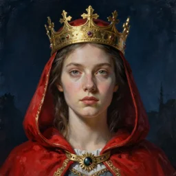 woman with a red cloak and a gold crown, extreme fine detail background, night, highly detailed, high quality, digital painting, hyperrealistic, by bill henson