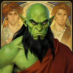 character portrait, green skin, angry, handsome d & d orc ; monk ; with black hair and black beard, alphonse mucha, rhads, ross tran, dungeons and dragons character art commission, artstation, artgerm, 8 k