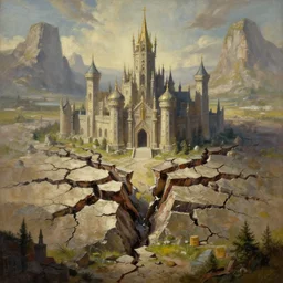 painting of earthquakes splitting open a large kingdom in the center, earth shatters, medieval, fantasy genre, natural light, fantasy, natural light, sharp focus, concept art, by greg rutkowski and craig mullins, cozy atmospheric and cinematic lighting, trending on artstation